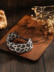 Handmade Beaded Woven Bracelet, Bohemian Style Bracelet, Retro Black White Gray Leopard Weaven Bead Bracelet, Adjustable Length, Fashionable Bracelet For Women, Personalized Bracelet, Suitable For Daily, Vacation, Party, Holiday Gift