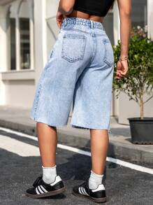 Damskie, casualowe, proste, jeansowe szorty do połowy uda z nadrukiem w płatki śniegu