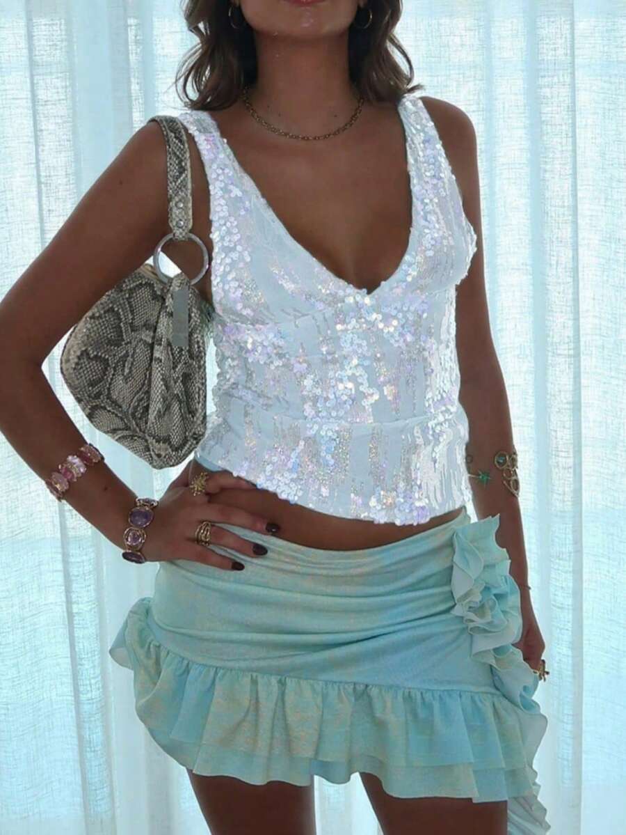 Women Y2K Sequin Tank Top Sparkly Sleeveless Deep V Neck Slim Fit Cami Crop Top Summer Backless Glitter Camisole Vests Shirts Party Club Going Out Tops Rave Outfits - trắng - Xem 1