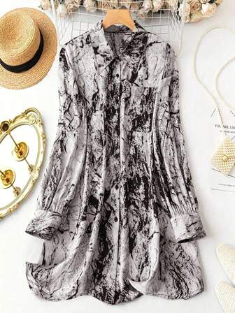 Kadın Batik Baskılı Düğmeli Ön Uzun Kollu Cepli Uzun Gömlek