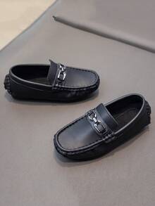 男童商务休闲乐福鞋，轻便防滑一脚蹬皮鞋，中大童英伦风格正装鞋 - 黑色 - 查看 3