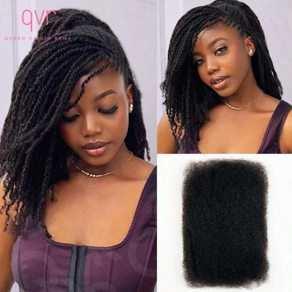 QVR QUEEN VIRGIN REMY Extensiones de cabello Afro Kinky a granel de 50 g/paquete para trenzados, mini trenzas, dreadlocks. Extensiones de cabello humano premium para mujer u hombre, en múltiples colores (negro, marrón, rubio, burdeos, con mechas, etc.). Natural y suave, se puede teñir y peinar.