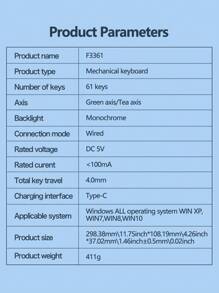 AULA F3361 Mini Keyboard, 61-Key Layout, Wired Connection, Cool Backlight Effect, True Mechanical Axis, Ergonomics, Plug And Play, Suitable For Office Computers And Notebooks, Highly Attractive Color Matching Keyboard For Girls