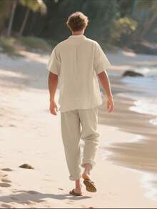 Men's Summer Thin Collar Open Front Short Shirt & Linen Casual Beach Pants Suit, Cozy Outfits - Khaki - View 3