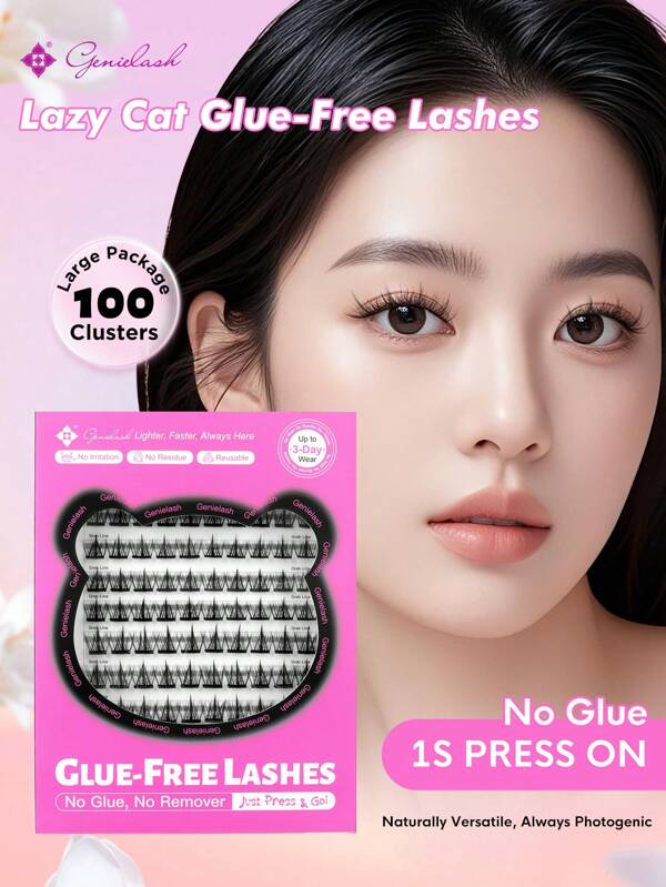 [100Pcs] GENIELASH Glue-Free Lazy Cat Eyelash For Beginner Self Adhesive Eyelashes Natural False Eyelashes No Need Glue