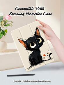 A Cute And Minimalist Clear Drop Back Case With Pen Slots, A Tri-Fold Stand Case With A Black Cat Pattern With Big Eyes, Support For Sleep-Wake Function, Compatible With IPad And Galaxy Tab