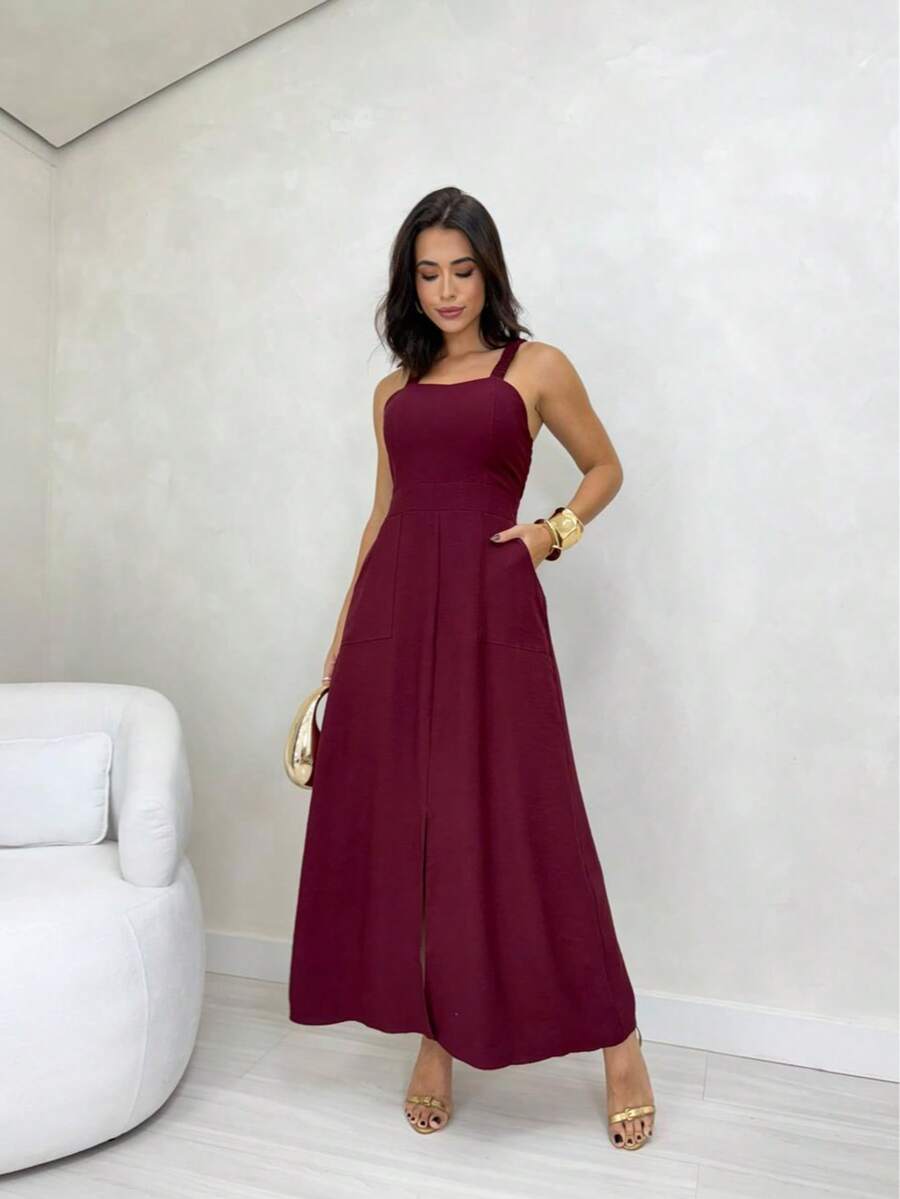 Long Dress Simple Elegant Casual Button Split Side Slit Women Wedding - 酒紅色 - 查看 1