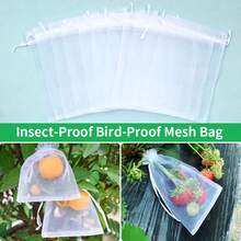 100 piezas Bolsas de malla de nailon blanco, bolsas protectoras de frutas, bolsas de jardín para control de insectos y plagas para fresas, uvas, verduras y plantas, con cordón