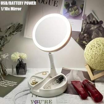 1pc Smart 3-Color LED Makeup Mirror, Double-Sided HD+10X Magnifying, USB Fast Charging Rechargeable, 360° Rotation Foldable Anti-Slip Base, 5cm Ultra-Thin Design, Portable For Handbag, Creative Valentine's/Women Gift