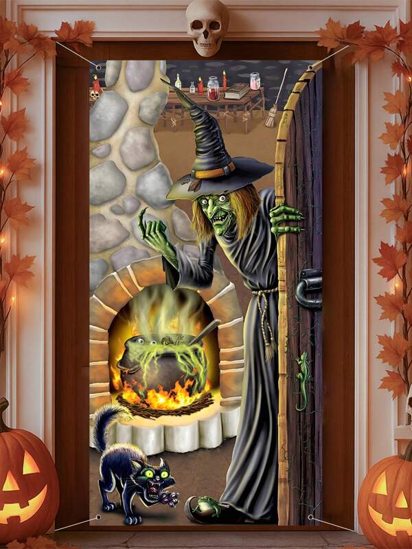 1pc Halloween Door Banner Decoration Supplies, Witch And Black Cat Design,Creepy Scary Terror Backdrop Wall Background Decor, Trick Or Treat Theme, Festive Birthday Party Photo Props Halloween Party Decor Photography Banner
