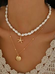 2pcs/Set Summer Beach Vacation Style Shell & Starfish Pendant Necklace For Women, Fashionable Metal Handmade Chain Versatile Neck Jewelry Suitable For Daily Wear And Beach Travel. The Natural Shell Shape And Pattern Size Are Random.