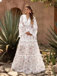 Faeriesty Vestido casual con estilo bohemio y floral con mangas de encaje con volantes y escote en V - Estampado de flores, mangas anchas para picnics de fin de semana, paseos casuales y tardes acogedoras