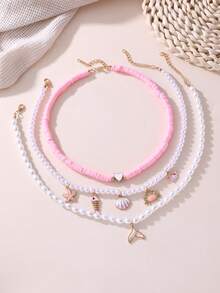 3pcs/Set Girls' Starfish, Shell, Heart & Pearl Beaded Necklace Set - Multicolor - View 3