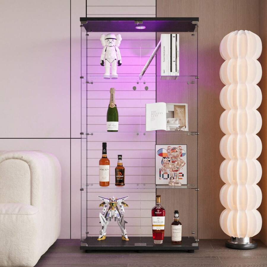 Vinoteca Brightness 164*80*36 cm con 4 niveles de almacenaje, puertas dobles, cristal templado, mueble de almacenaje, vitrina de cristal, mueble de colección, salón/dormitorio, color negro
