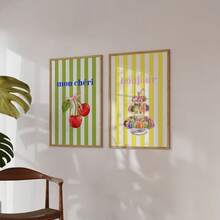 1/3 件诱人的法式甜点墙面艺术套装，鲜艳的樱桃和羊角面包印花，带有“甜蜜放纵”名言和巴黎糕点背景，大胆的蛋糕艺术无框画布，适合少女厨房/度假屋/海滩毕业装饰，送给她的完美礼物和最佳派对装饰（无框印刷品） - 旅行灵感墙面艺术，色彩缤纷的食物墙面印刷品，法式面包店墙面装饰印刷品 - 彩色 - 查看 4