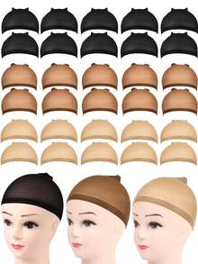 12 件装米色假发帽，男女皆宜，弹性尼龙长筒袜帽，带封闭式网眼，透气且安全贴合