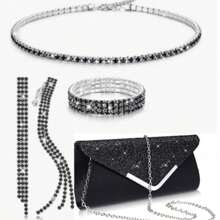 4 Pieces Women Rhinestone Jewelry Set Bling Necklace Earrings Bracelets Set For Wedding Clutch Purses Bag For Women Evening Bag Bling Glitter Elegant V-Shaped Flap Envelope Clutch Bag Wedding Party Bridal Purse