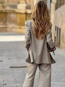 Ensemble veste blazer à carreaux pour femmes, veste taillée et pantalon large, mode de bureau