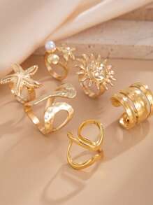 6pcs/Set Bohemian Style Starfish & Hollow Sun Flower Geometric Ring Set, Suitable For Beach And Daily Wear