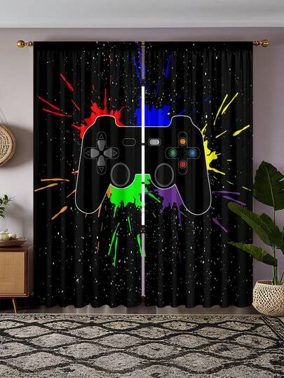 قطعتان من ستائر ديكورية مطبوعة بمقبض وحدة ألعاب رقمية عالية الدقة والألوان، مصنوعة من مادة البوليستر، بتصميم جيب سهل التركيب، بطابع منزلي حديث، شبه شفافة لحماية الخصوصية، مناسبة للديكور اليومي في غرف النوم والمعيشة وغرف الألعاب وما إلى ذلك.