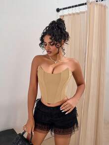 女士复古无肩带透视网纱束身胸衣露脐上衣，性感百搭，适合音乐节、情人节等场合。 - 卡其色 - 查看 5