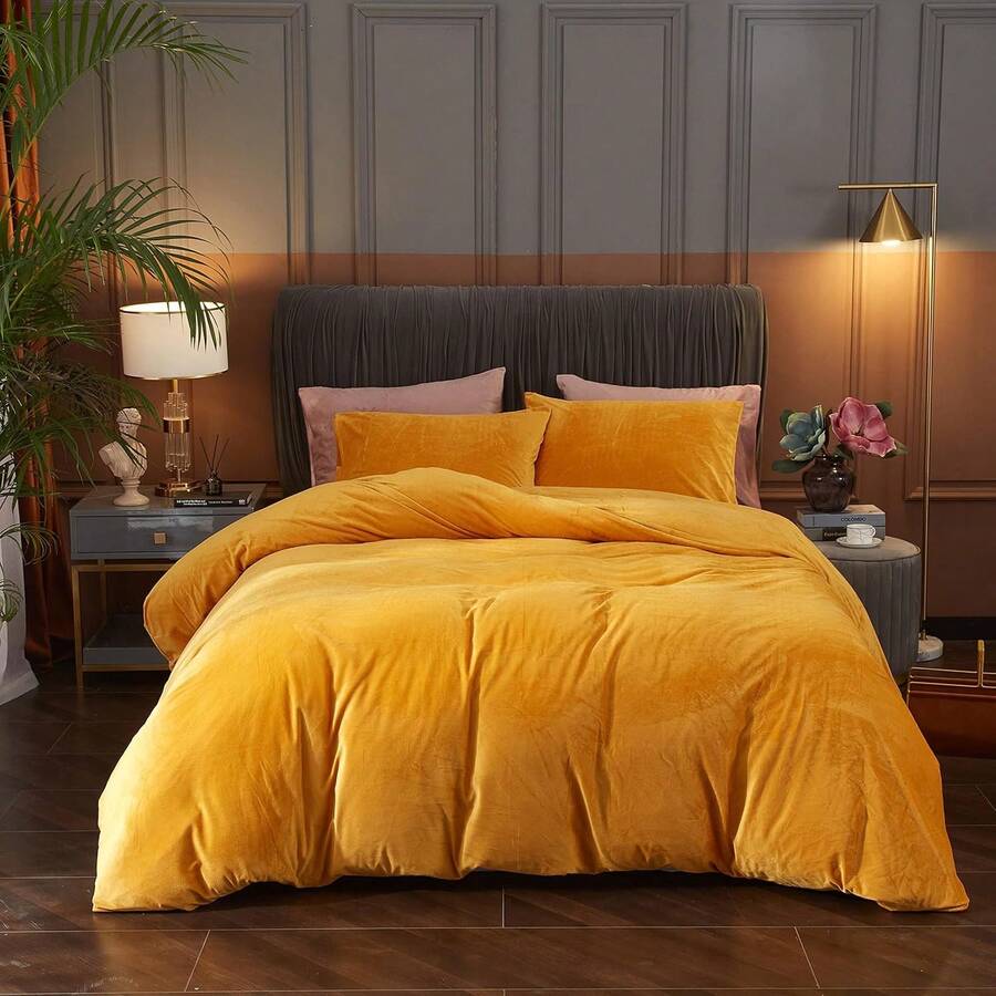 DIvellow Velvet Duvet Cover Queen Set Sage Green Comforter Cover 3Pcs Ultra Soft Cover Breathable Solid Luxury Flannel Velour Duvet Cover Zipper Closure Corner Tie - 金色 - 查看 1