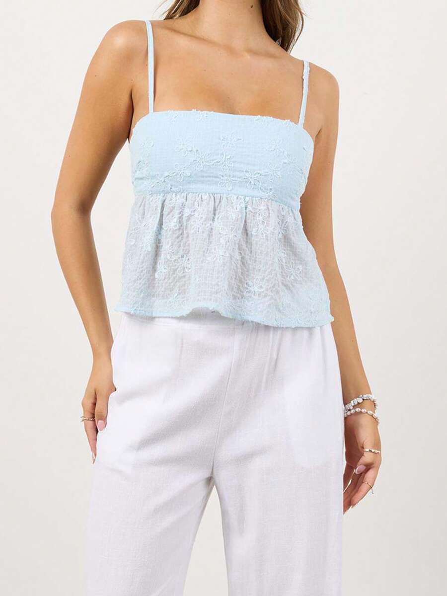 Y2k Embroidery Floral Square Neck Tank Tops Ruffle Flowy Summer Solid Camisole Backless Sleeveless Cami Shirt - 淺藍色 - 查看 1