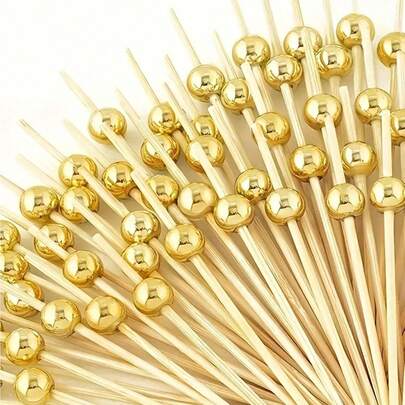 200/100/50/20/10pcs Gold Pearl Bamboo Skewers, Suitable For Decorating Dining Tables, Desserts, Parties, Birthdays, Weddings, Clubs, Fruits, Cupcakes, Burgers, Barbecues, Snacks, 4.72 Inch Wooden Fruit Sticks