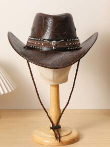 1 Unisex Metal Bull Imitation Diamond Decorated PU Leather Casual Top Hat, Elegant, Suitable For Travel, Parties, Western Cowboy Themed Parties, And Daily Use