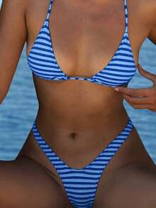 Women Vacation Stripe Printed Basic  Swimwear For Summer Days From Poolside To Beachside, Everyday Mini Triangle Cheeky Bikini Beachwear - 藍色 - 查看 1