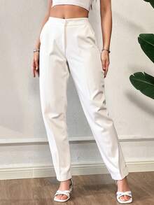 Pantalon vestir dama mujer cierre frente bolsillos laterales boton fresco elegante comodo - Blanco - Ver 1