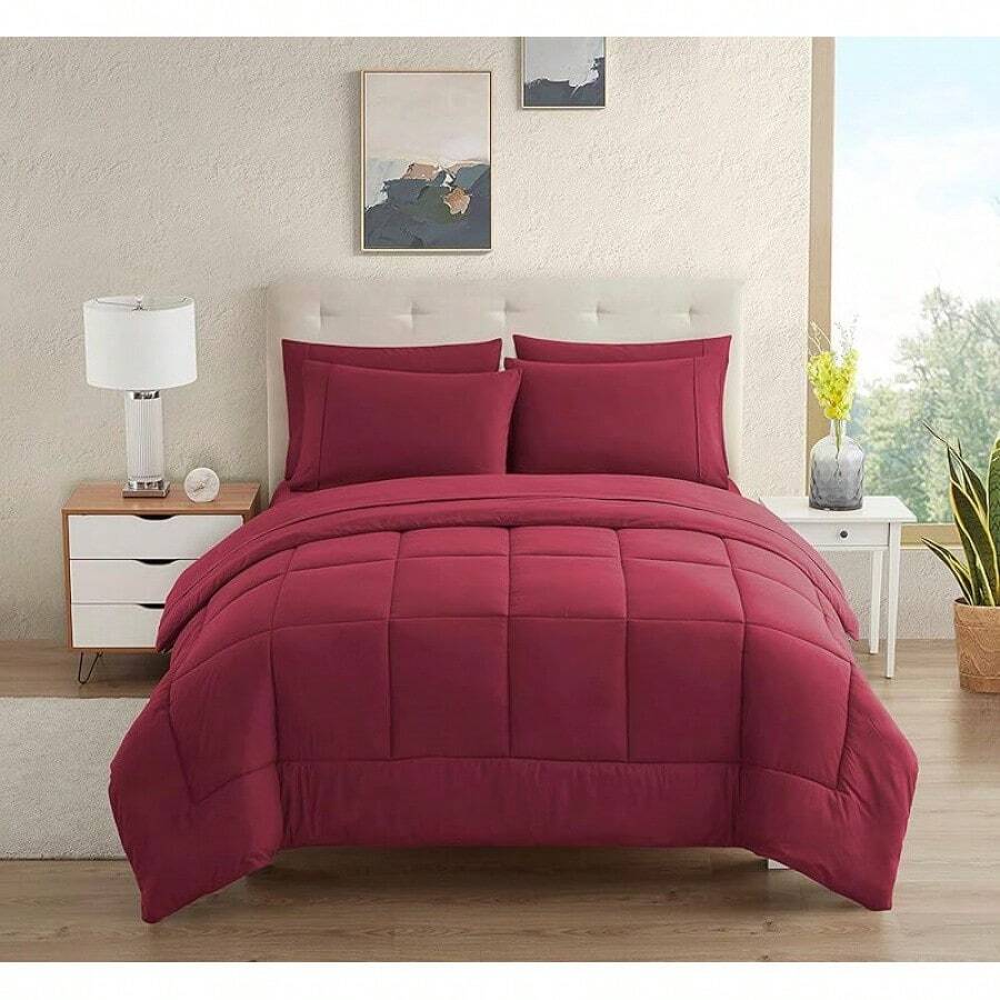 JIANGTAO-Dorm Room Essentials College Bedding Comforter Set 5 Piece Twin XL Size Bed In A Bag For College Students Boys And Girls, Twin XL, Navy Blue - 酒紅色 - 查看 1