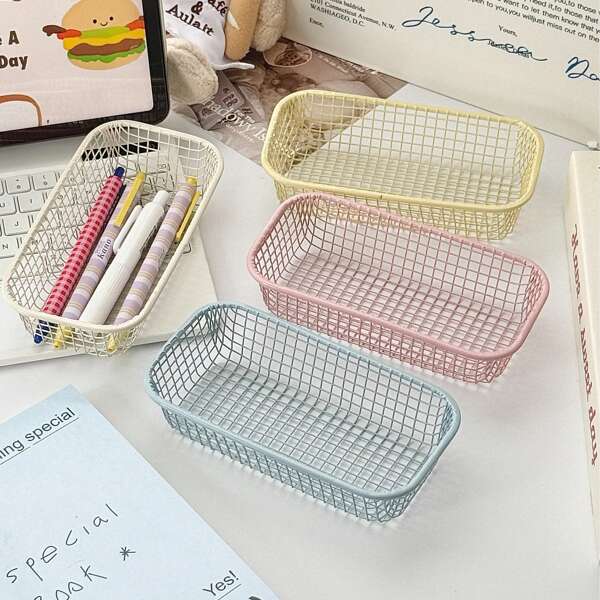 Organizador de malla de hierro minimalista de color crema, cesta de almacenamiento multiuso para escritorio de oficina y útiles escolares, de vuelta a la escuela
