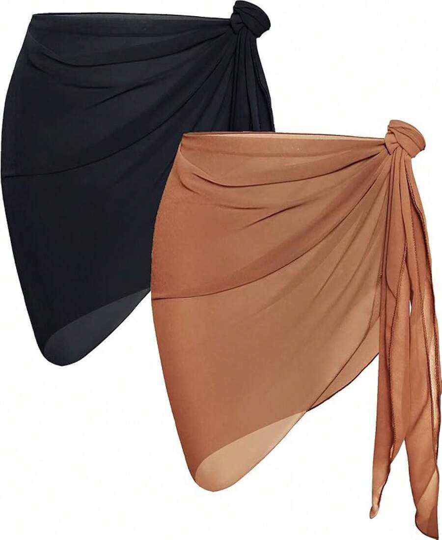 CHICGAL 2 Pieces Women Beach Sarong Bathing Suit Wrap Skirt Sheer Bikini Swimsuit Cover Ups Swimwear - Black Brown - 查看 1