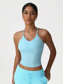 Sodalemon Top deportivo sin mangas para mujer, de entrenamiento casual, elástico, con espalda en I y acolchado, para fitness, carrera y yoga - Celeste - Ver 5