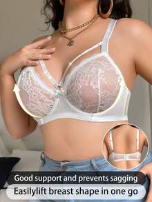 Plus Size Women Lace Sexy Bra With Bowknot & Rhinestone Strap Design, Comfortable Underwire Lift Supportive Bra - White - View 4