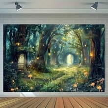 1pc Vibrant Fireflies Forest Backdrop - Enchanting Fairy Tale Scene, Polyester Material, Multipurpose Decor For Birthday Parties, Spring Events, And Home Decor - Universal Fit, Easy Setup, And Reusable Design - Multicolor - View 2