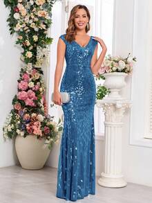 Đầm dạ hội dáng đuôi cá tay ngắn cổ chữ V đính sequin co giãn cao cấp, phù hợp cho phái nữ, dự đám cưới, lễ tốt nghiệp, các dịp trang trọng, tiệc gala, v.v. Tiệc mùa xuân - Màu xanh ngọc - Xem 5