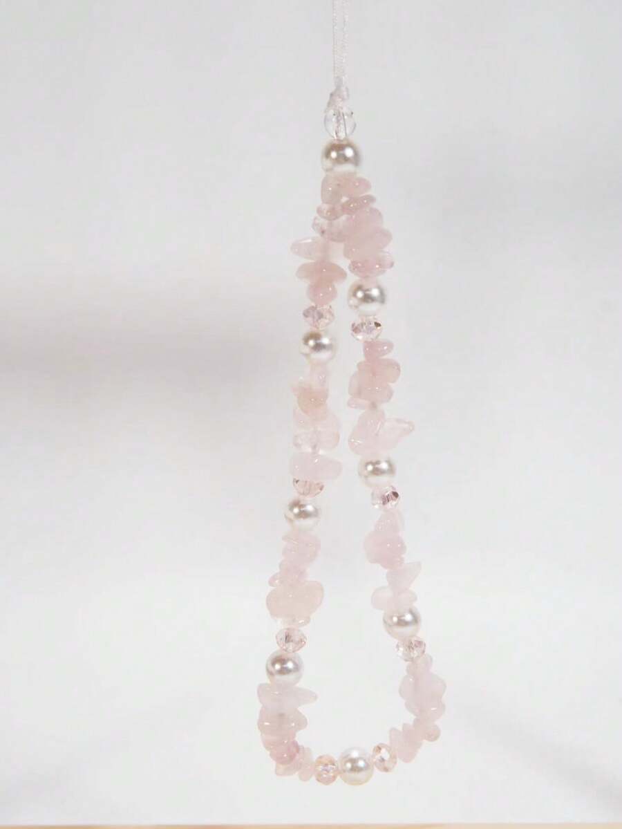 复古优雅不对称粉色水晶手机挂绳、珍珠手机壳挂绳、水晶石手机吊坠 - 彩色 - 查看 1