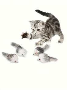4 件宠物猫玩具 - 兔皮、2 种颜色塑料老鼠、毛绒老鼠 - 室内猫咪互动玩耍和锻炼玩具