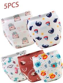 5pcs Reusable Baby Potty Training Underwear, Comfortable Breathable Thin Anti-Leak Cloth Diapers For Newborn Baby Boys Girls, Washable, Breathable Training Pants, Leakproof, Unisex, All Season Infant Clothing - Elegant Printed Patterns, Great Gift For Every Baby - Multicolor - View 1