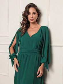FASHION MIX PREMIUM Elegant Long Dress With Slit Long Sleeves With Tie With V-Neckline And Waist Adjustment Plus Size Women's Fits 38 To 44 - Màu xanh lá cây đậm - Xem 3