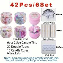 42 Peças/6 Conjuntos Kit de Fabricação de Velas com Potes Estampados, Tampas, Pavios, Adesivos e Suportes - Perfeito para Artesanato DIY, Presentes de Natal e Armazenamento, Suprimentos para Fabricação de Velas
