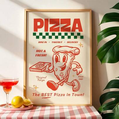 复古披萨海报，复古厨房艺术印刷品，画廊墙面艺术印刷品，复古厨房装饰，可打印墙面装饰，趣味美食海报，无框