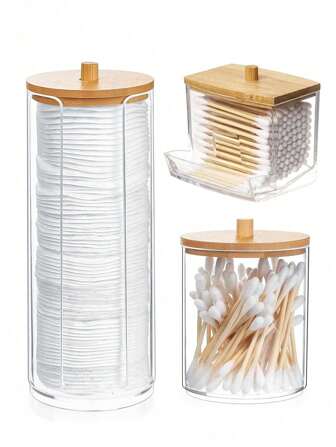 3 stuks transparante ronde zachte wattenschijfjes voor make-upremover, dispenser, reinigingsdoekjesdoos met bamboe deksel, make-up, ronde wattenschijfjes, cosmetische opbergdoos, badkameraccessoires, terug naar school
