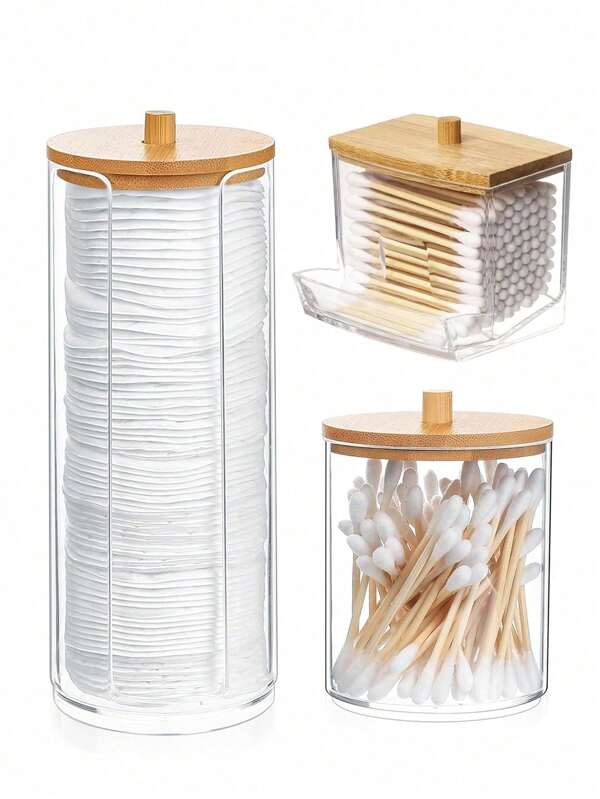 3 pièces Cotons démaquillants transparents ronds et doux dans un boîtier, boîte distributrice de tampons de nettoyage avec couvercle en bambou. Boîte de rangement pour le maquillage, les tampons ronds, les cosmétiques. Accessoires de salle de bain pour la rentrée scolaire