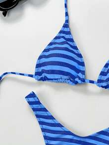 Women Vacation Stripe Printed Basic  Swimwear For Summer Days From Poolside To Beachside, Everyday Mini Triangle Cheeky Bikini Beachwear - 藍色 - 查看 6