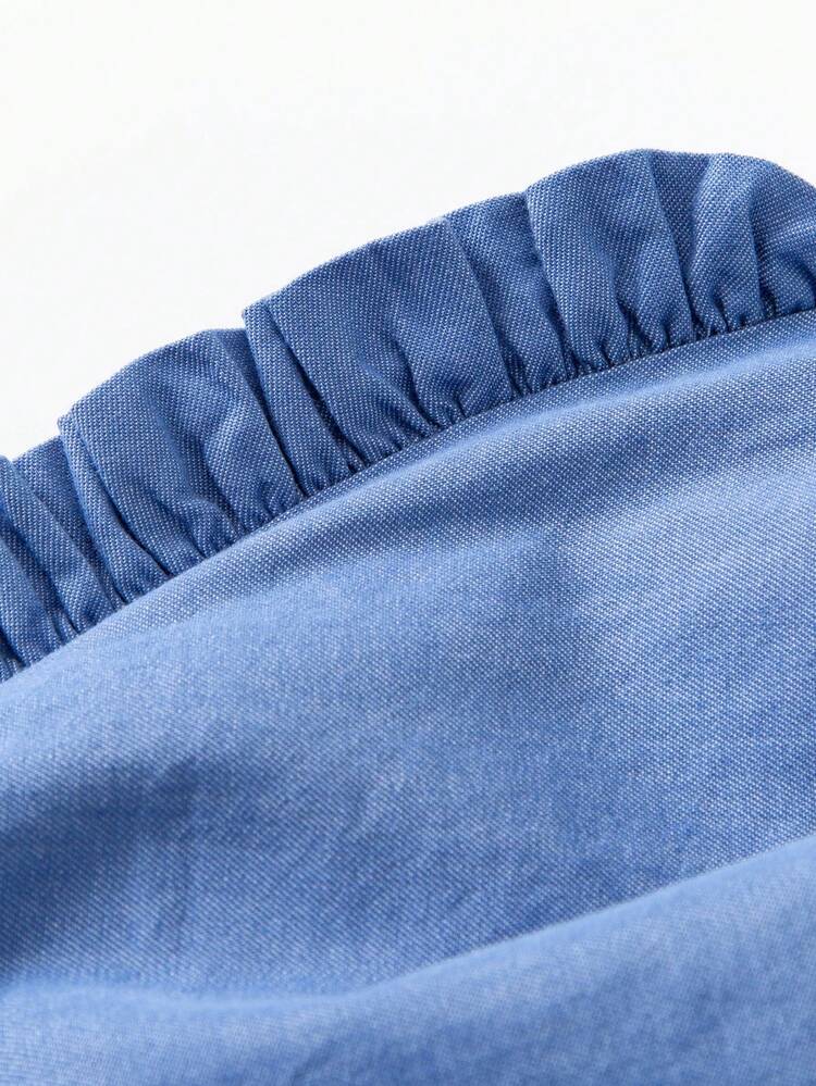 mini bala Girls' Floral Shorts, Ruffle Hem – Breathable Soft Cotton – Playful Summer Style - Denim Light Blue - View 7