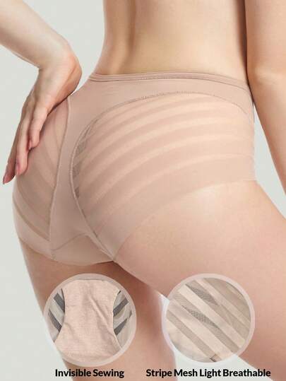 Women's Seamless Shaping Panties High Waist Stripe Mesh Light Breathable Briefs Tummy Control Hip Butt Lifter Shapewear Underwear