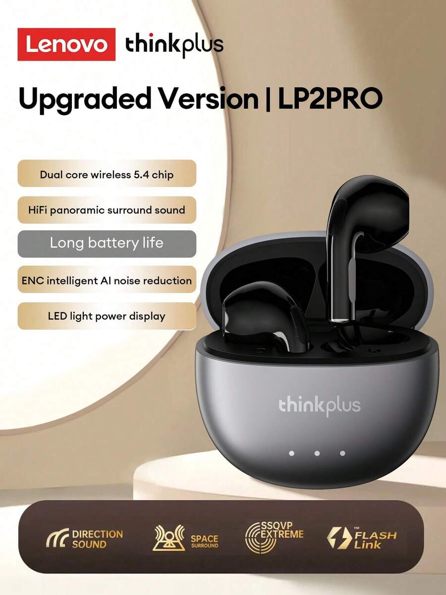 Lenovo 联想 LP2pro 蓝牙无线耳塞，入耳式耳机，具有 HiFi 音质，配备通话麦克风，适用于游戏、音乐、运动、智能手机、电脑和平板电脑，电池续航时间长